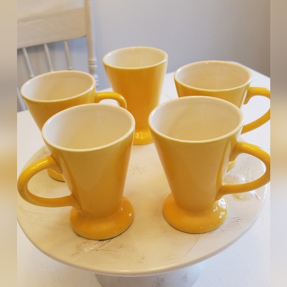 Set of 5 Made in Romania Yellow Glazed Mugs Coffee Tea Cups Conical Feet Retro - Picture 5 of 11
